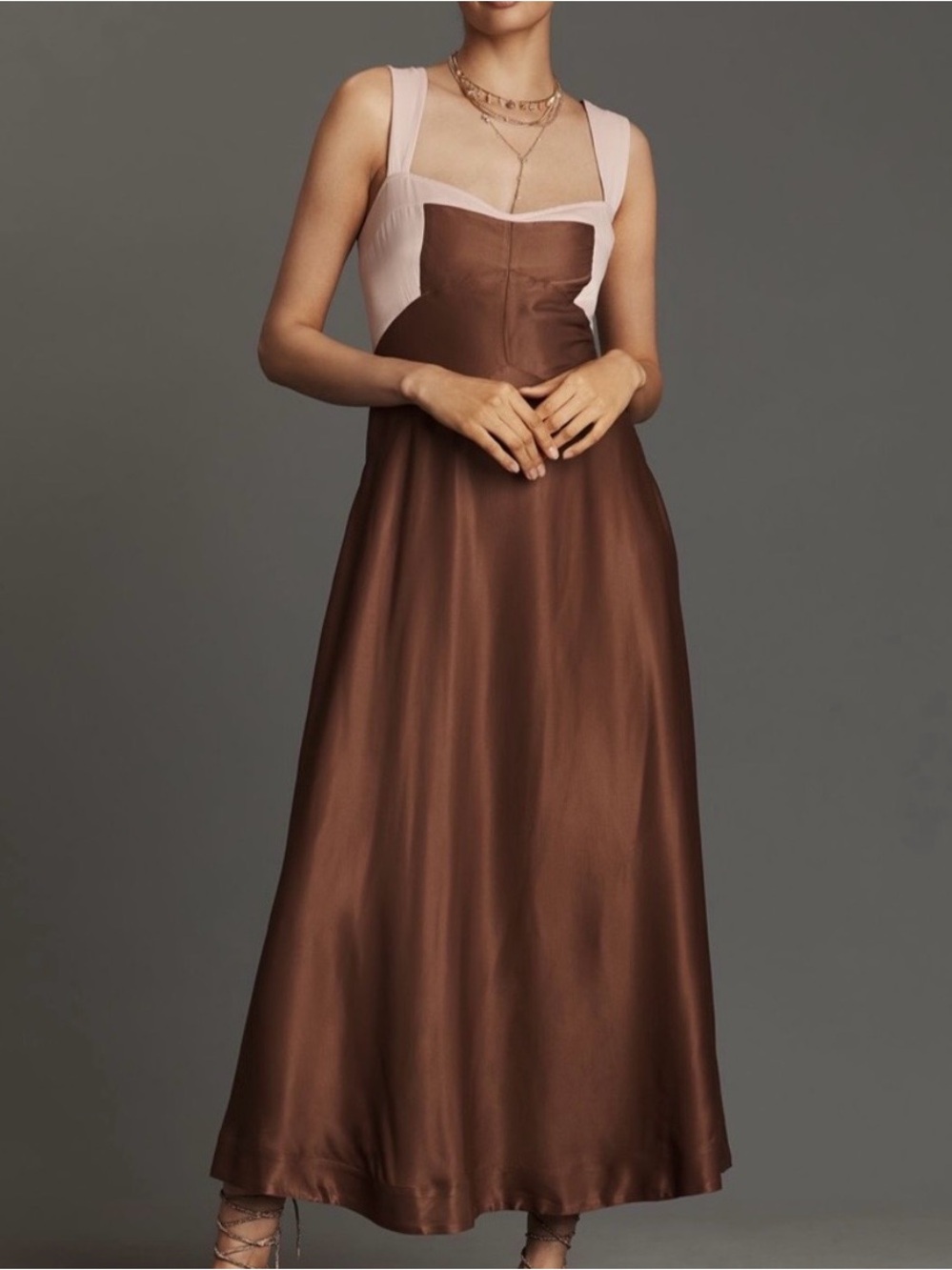 Maeve Anthropologie Brown Satin Dress with Pink Colorblock
